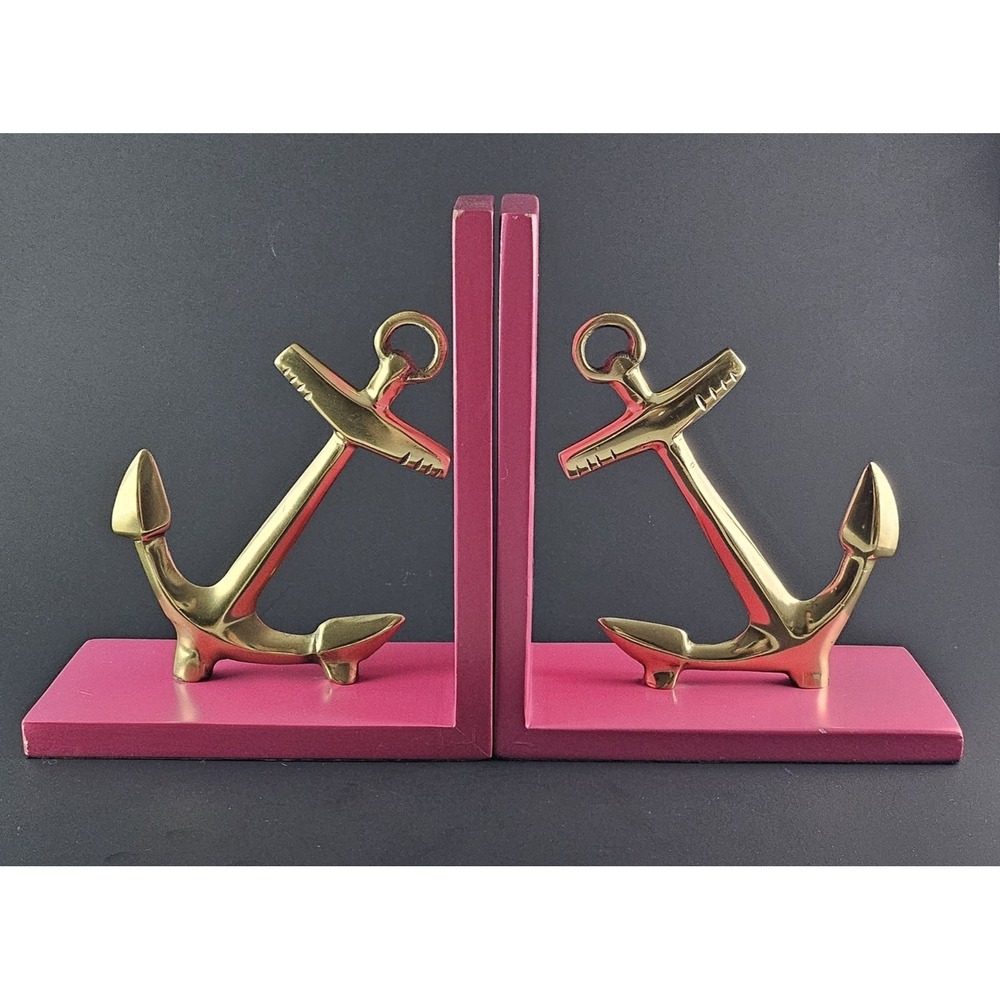 Threshold Pink Anchor Bookends Brass Wood Set Wood Nautical Hot Pink Brass